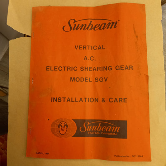 Sunbeam Vertical A.C Electric Shearing Gear Model SGV Installation and Care Manual-Book-Tilbrook and Co