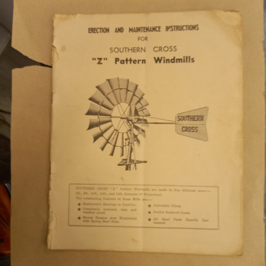 Erection and Maintenance Instructions for Southern Cross "Z" Pattern Windmills (c.1950s)-Vintage Machinery Manual-Tilbrook and Co