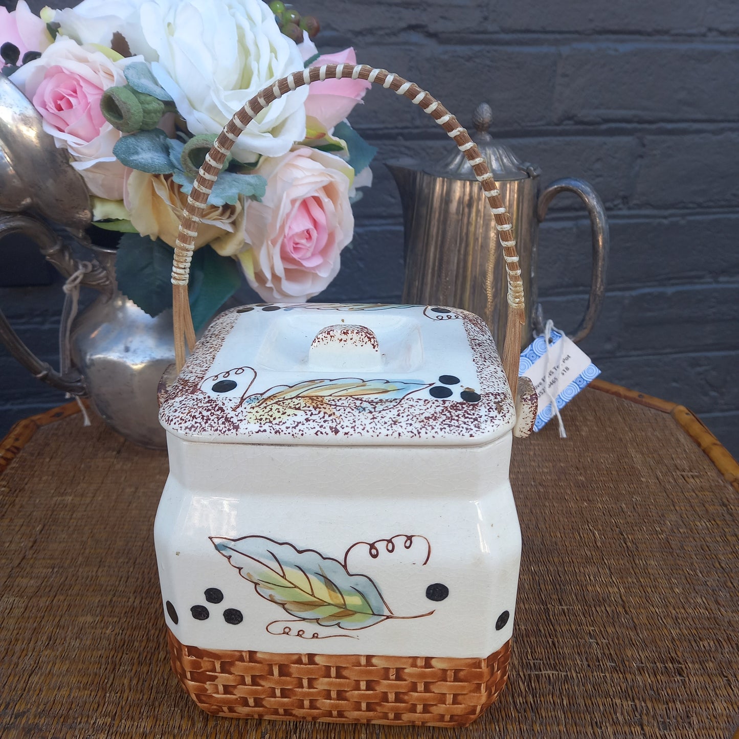 Japanese Autumn Design Biscuit Barrel with Woven Handle-Vintage Homewares-Tilbrook and Co