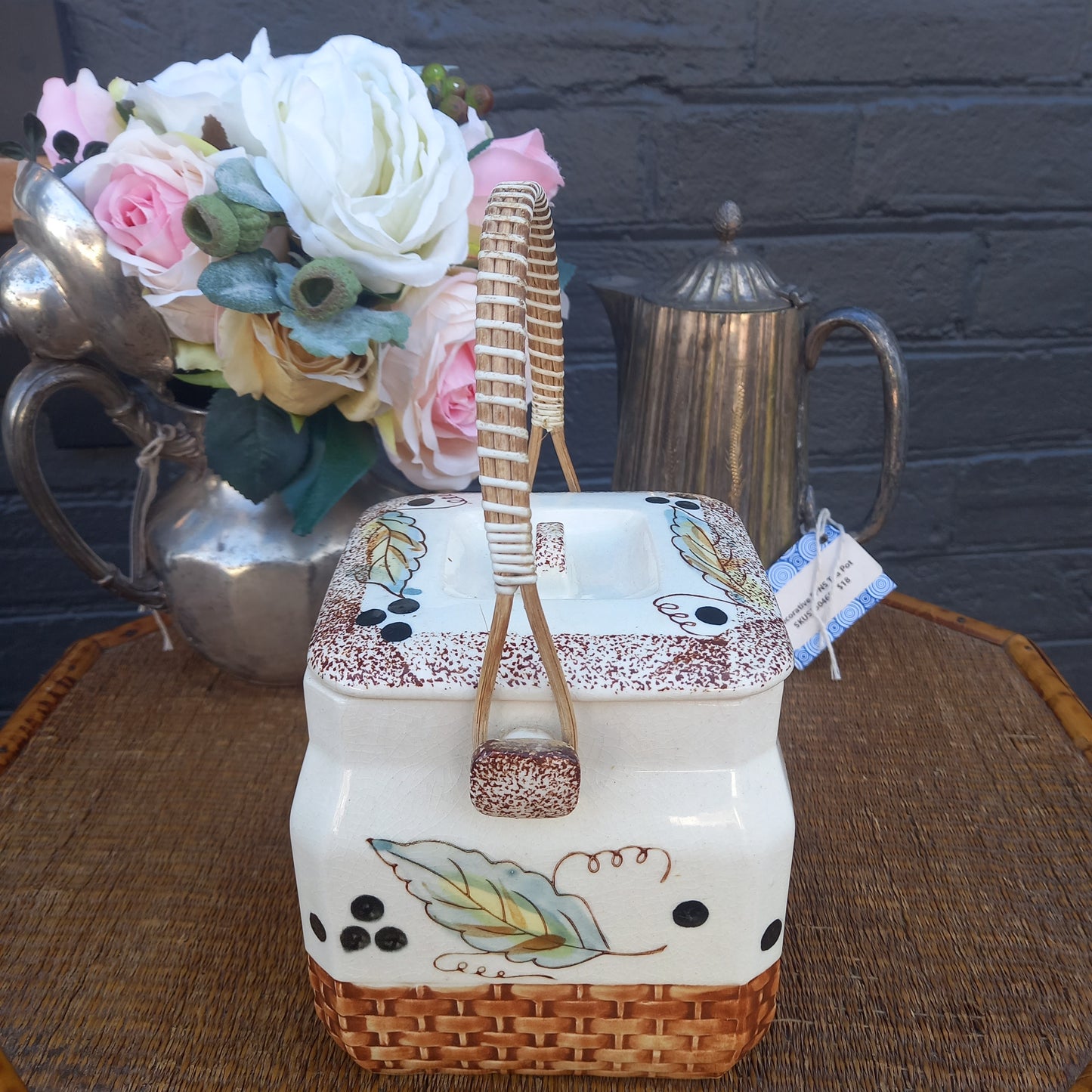 Japanese Autumn Design Biscuit Barrel with Woven Handle-Vintage Homewares-Tilbrook and Co