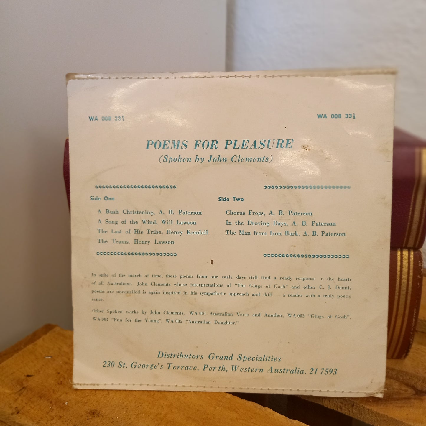 Poems For Pleasure – John Clements (Grand Specialities WA-008, Vinyl 7", 33⅓ RPM)-Vintage Australian spoken word vinyl / Poetry recording-Tilbrook and Co