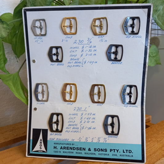 Vintage AROS Late 1960s Travelling Salesman's Buckle Sample Card 230 3/4" set of 12 Small Buckles, and 230 1" Set of 6 medium size buckle's-Vintage Haberdashery-Tilbrook and Co