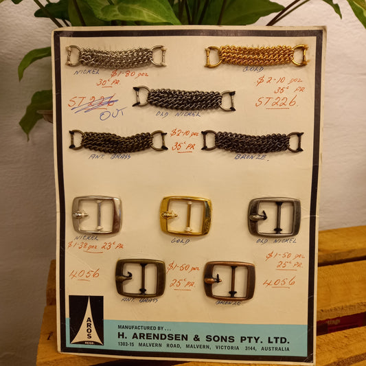 Vintage AROS Late 1960s Travelling Salesman's Buckle Sample Card ST226 of 5 belt pins and 5 Buckles-Vintage Haberdashery-Tilbrook and Co
