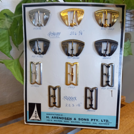 Vintage AROS Late 1960s Travelling Salesman's Buckle Sample Card Style 226 5/8" and 223 4 1/2" belt buckle-Vintage Haberdashery-Tilbrook and Co