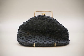 Vintage Black Beaded Evening Bag with Spiral Flower Design & Gold Clasp (Made in Hong Kong)-Vintage Handbag-Tilbrook and Co