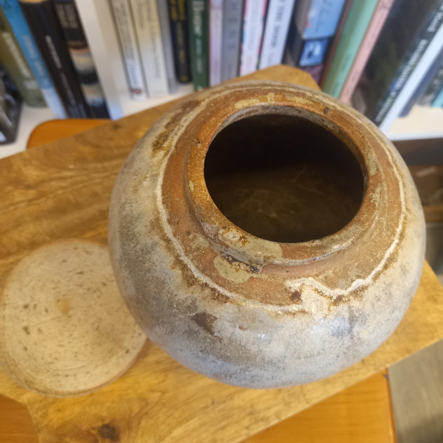 Vintage Cream and Grey Glazed Ginger Jar with plain lid-Vintage Ceramics-Tilbrook and Co
