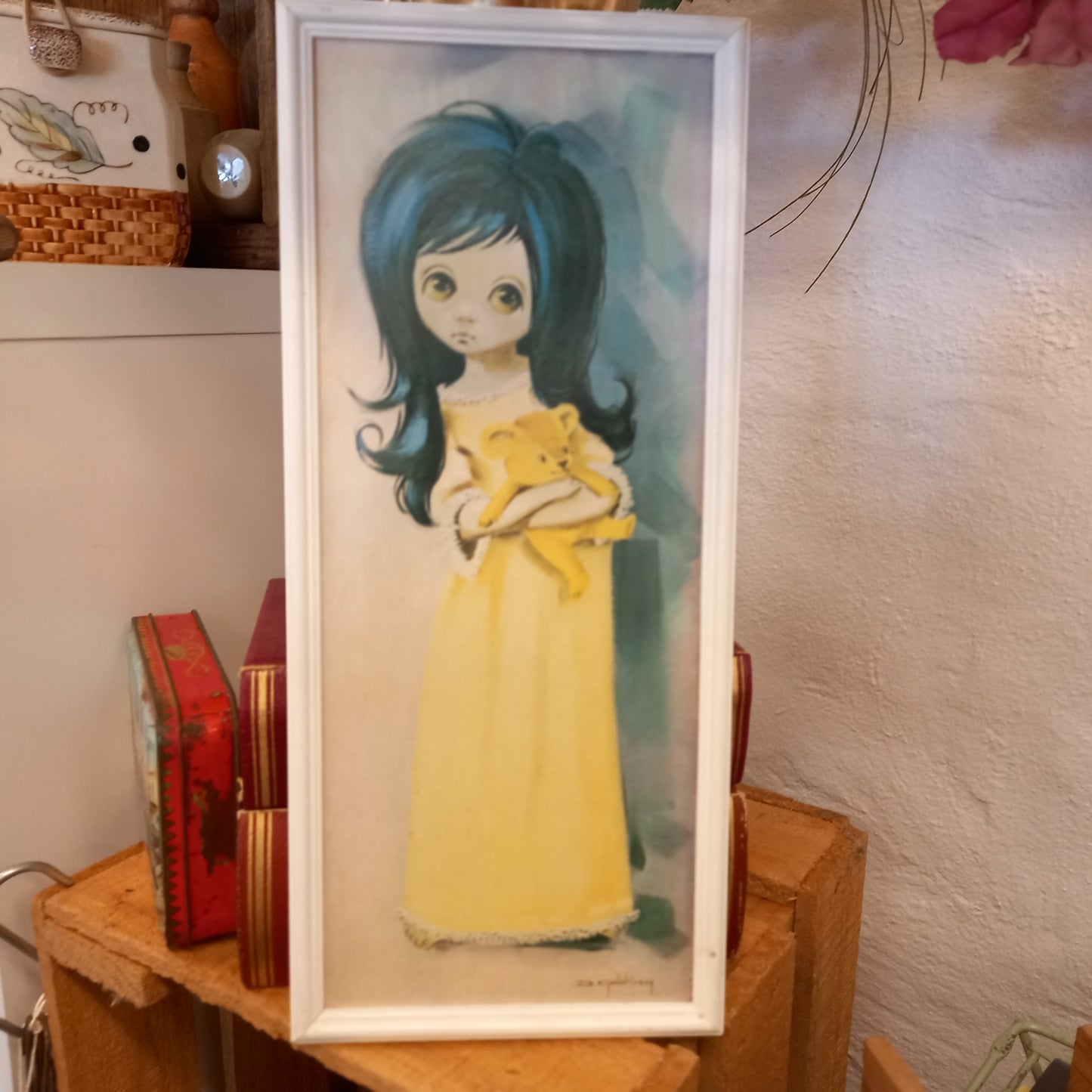 D. Golding Big Eyed Moppet Girl in Yellow Nightdress with Teddy Bear | Vintage Kitsch Wall Art (18 x 40 cm)-Vintage Decorative Art / 1970s Wall Print-Tilbrook and Co