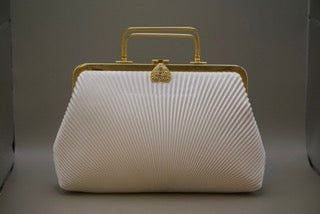 Vintage Lifinia White Stain Pleated Bag with Gold Coloured Clasp with Long Chain-Clothing Accessories-Tilbrook and Co
