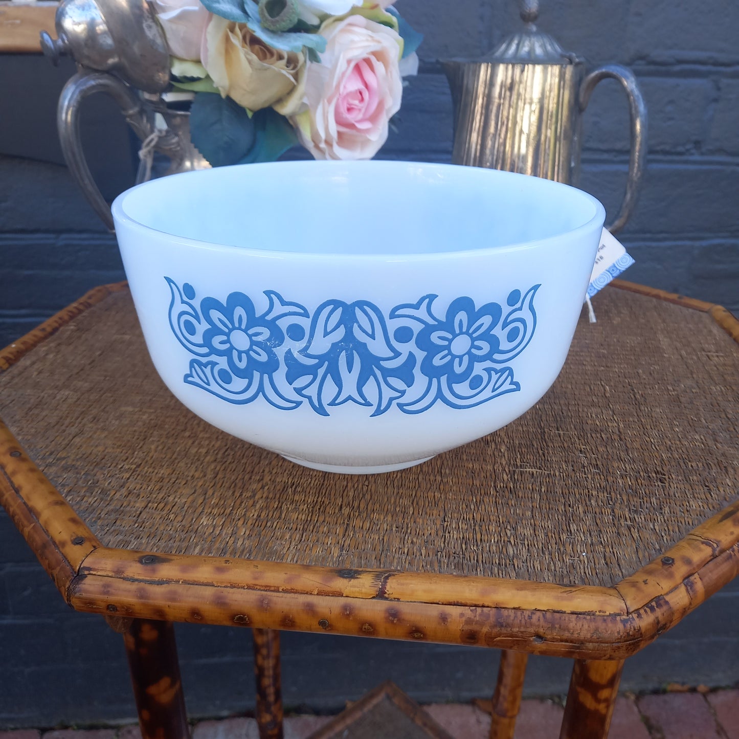 Vintage Milk Glass Mixing Bowl – Blue Tulip Scroll Floral – Fire King Era-Vintage mixing bowl-Tilbrook and Co