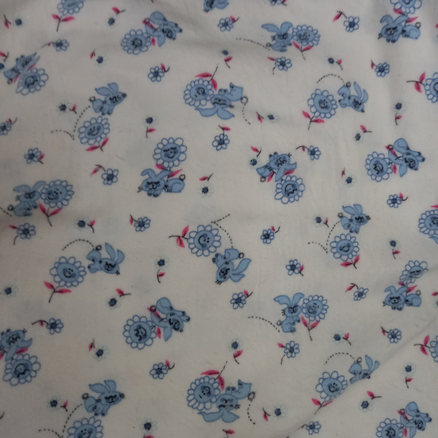 Vintage Flannelette Fabric – Blue Bunnies & Flowers on White, 2.1m-Vintage Fabric-Tilbrook and Co