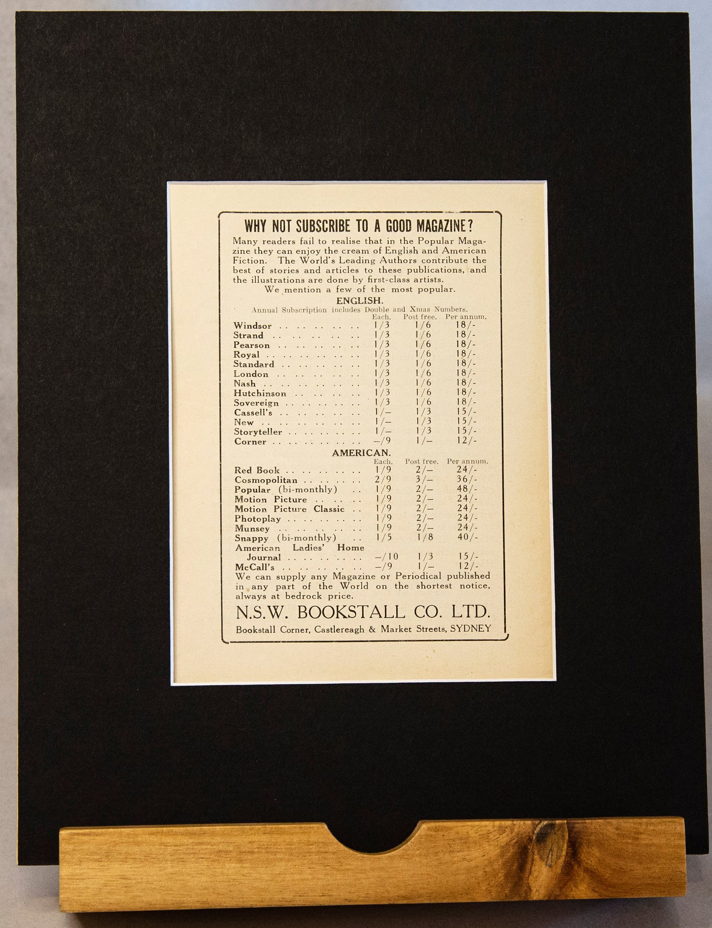 Original Vintage 1914 N.S.W. Bookstall Co. Ltd – Why Not Subscribe to a Good Magazine Advertisement-Vintage Ephemera-Tilbrook and Co