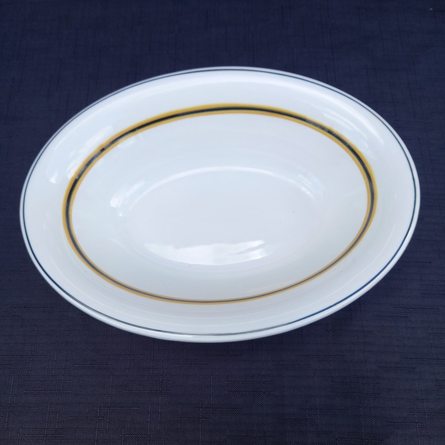 Vintage Hordura oval dish, cream with black and yellow stripes, made by Wood & Sons for Anthony Hordern & Sons Sydney