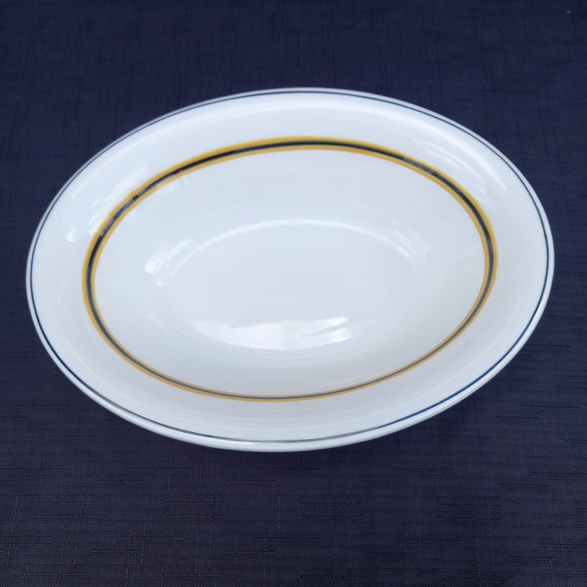 Vintage Hordura oval dish, cream with black and yellow stripes, made by Wood & Sons for Anthony Hordern & Sons Sydney