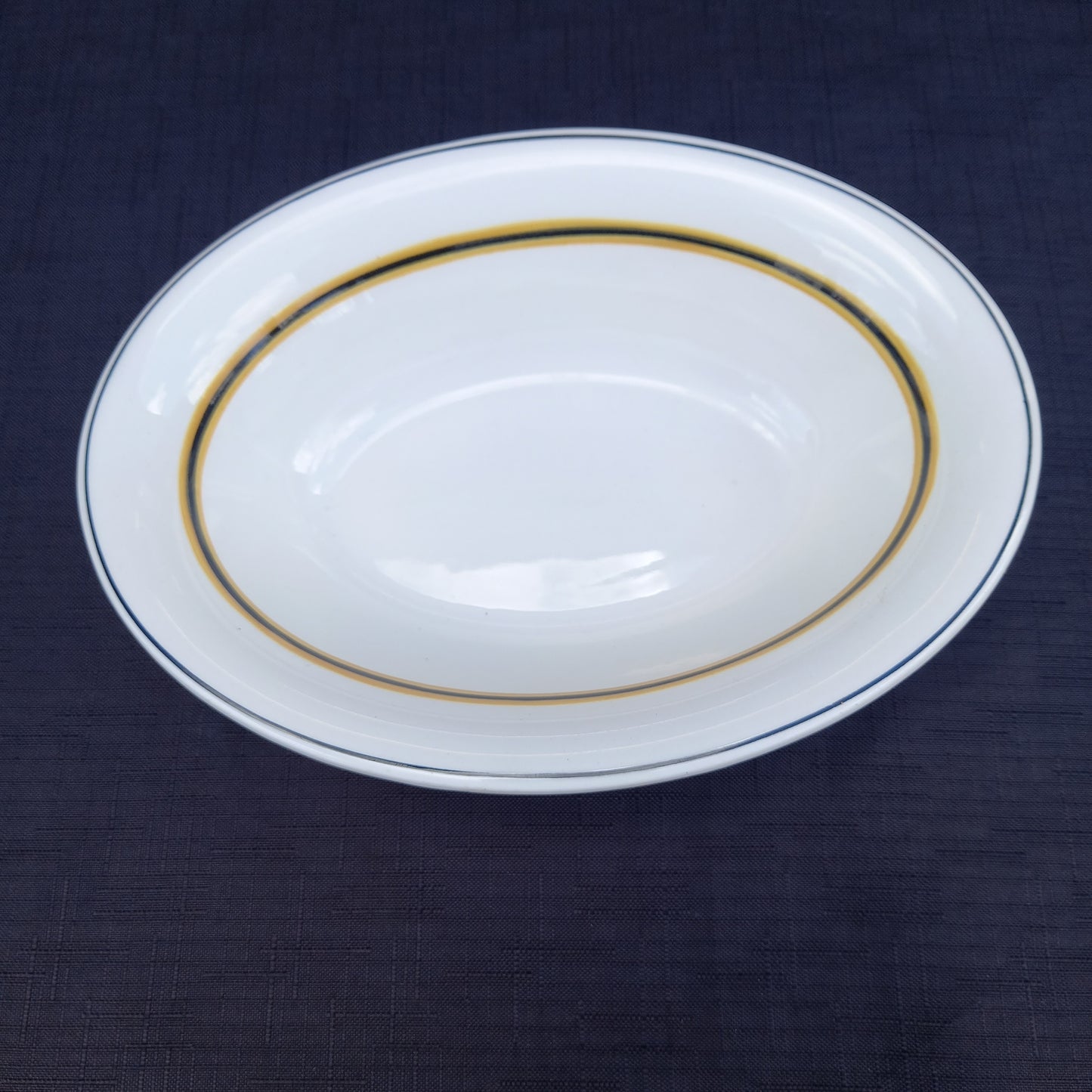 Vintage Hordura oval dish, cream with black and yellow stripes, made by Wood & Sons for Anthony Hordern & Sons Sydney