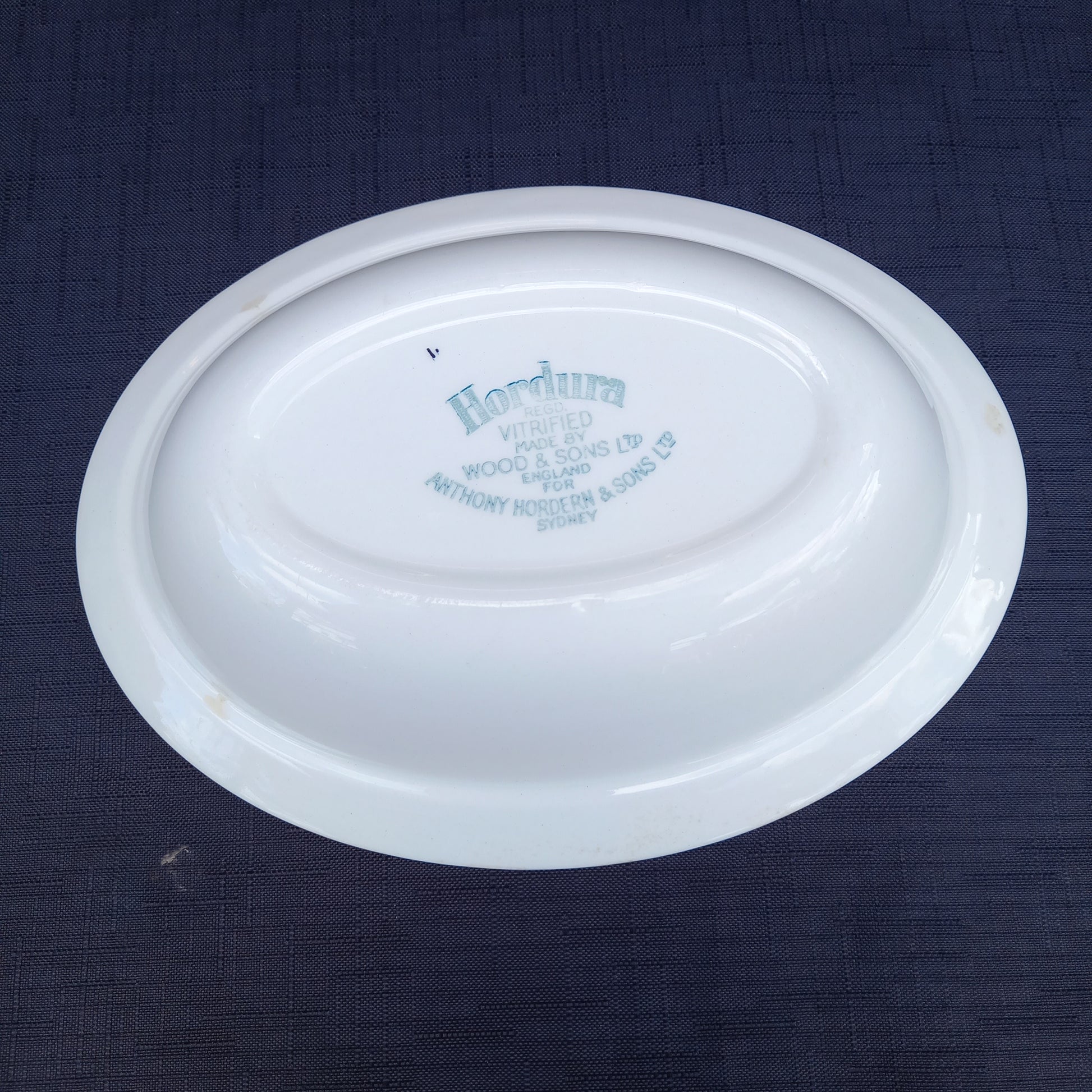 Vintage Hordura oval dish, cream with black and yellow stripes, made by Wood & Sons for Anthony Hordern & Sons Sydney