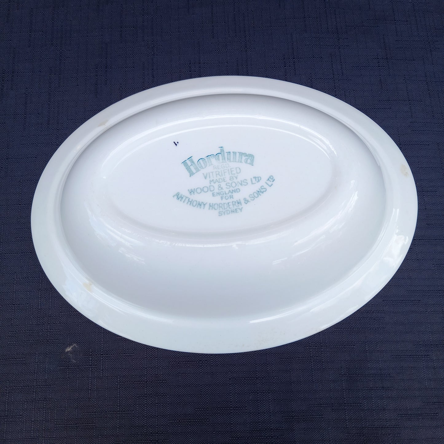 Vintage Hordura oval dish, cream with black and yellow stripes, made by Wood & Sons for Anthony Hordern & Sons Sydney