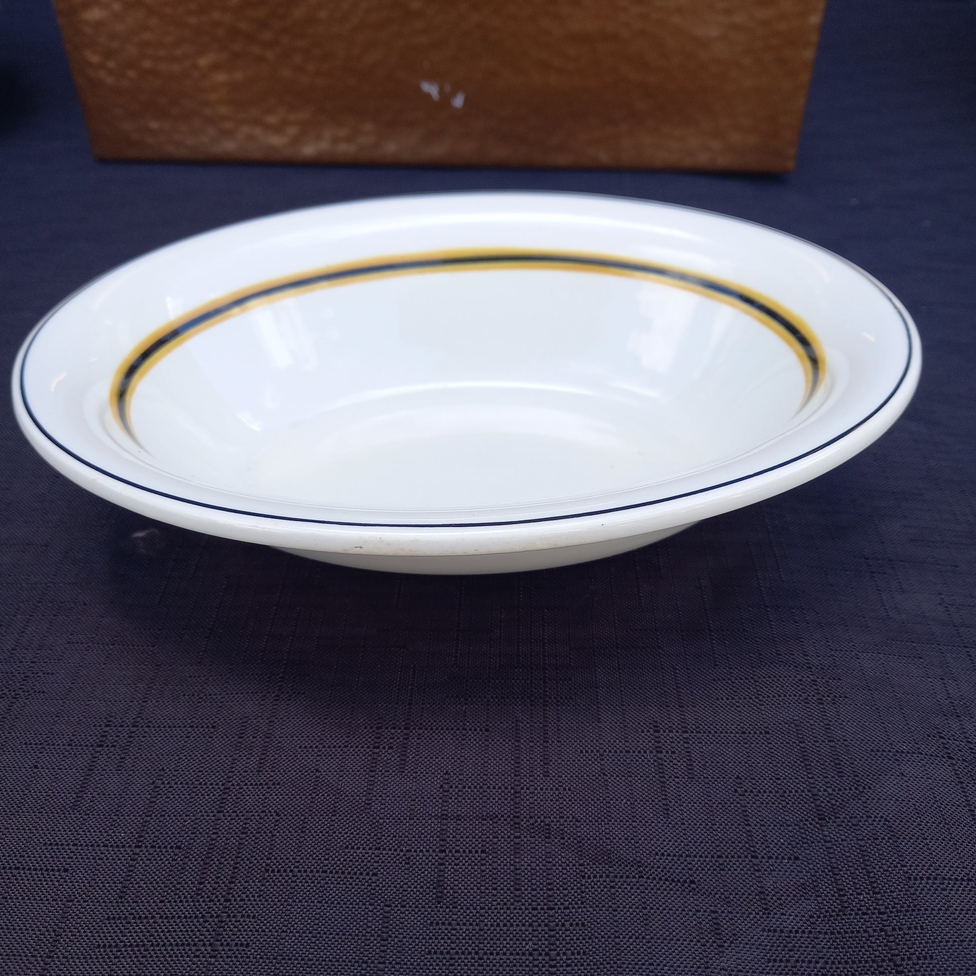 Vintage Hordura oval dish, cream with black and yellow stripes, made by Wood & Sons for Anthony Hordern & Sons Sydney