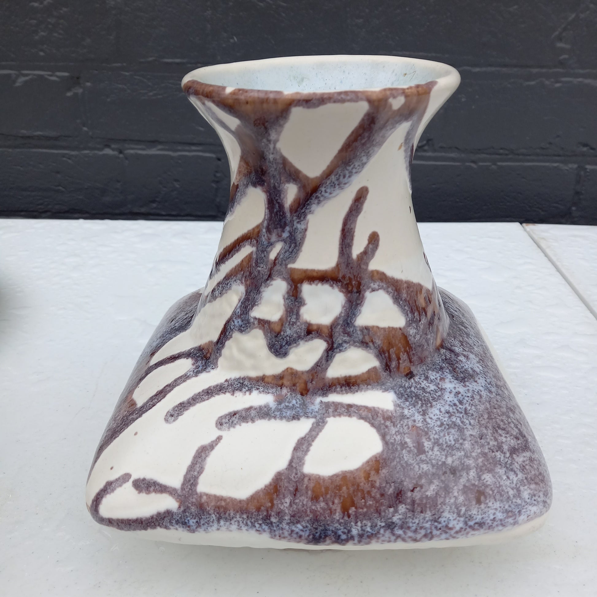 1970s Brown, Purple & Cream Pottery Vase – Pattern 490, Square Form-Vintage Vase-Tilbrook and Co