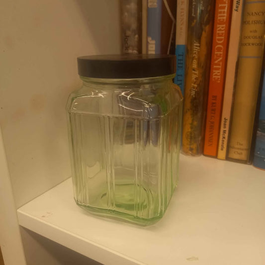 Vintage Uranium Glass Jar with Bakelite Lid-Kitchenalia-Tilbrook and Co