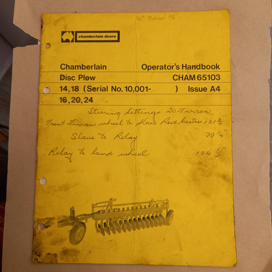 Chamberlain Disc Plow 14,18 (Serial no 10,001) 16, 20, 24 Operator's Handbook CHAM65103 Issue A4-Book-Tilbrook and Co