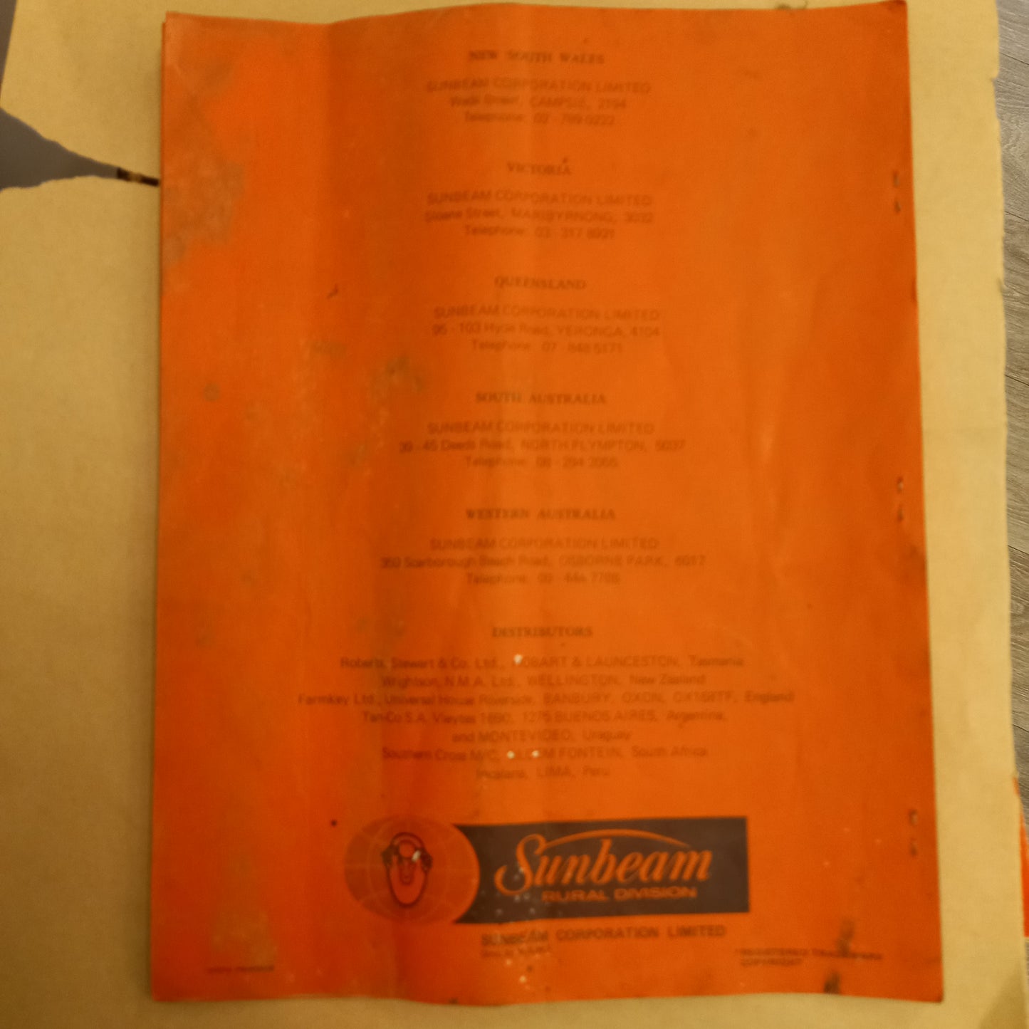 Sunbeam Vertical A.C Electric Shearing Gear Model SGV Installation and Care Manual-Book-Tilbrook and Co