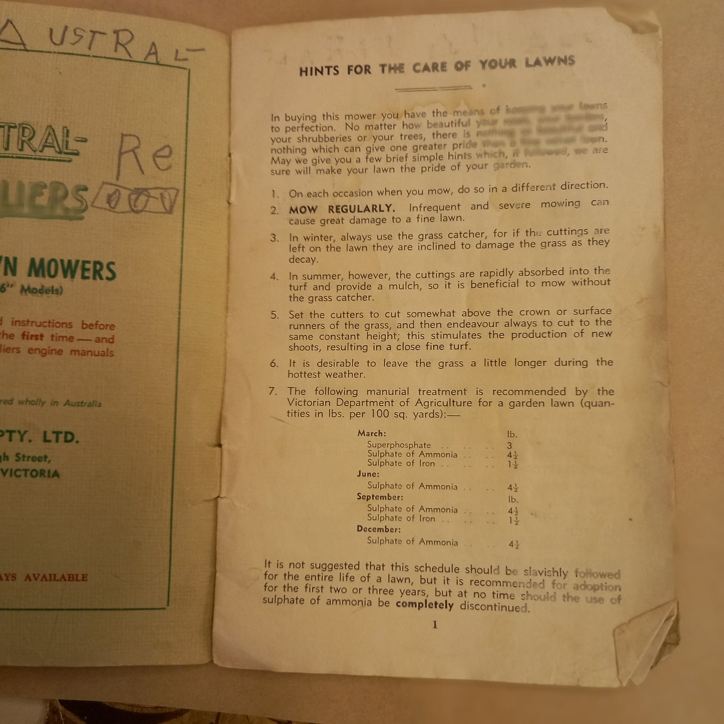 Instruction Manual for Austral-Villiers Motor Mowers – Condeco Pty Ltd, 1930s-Vintage Instruction Manual-Tilbrook and Co