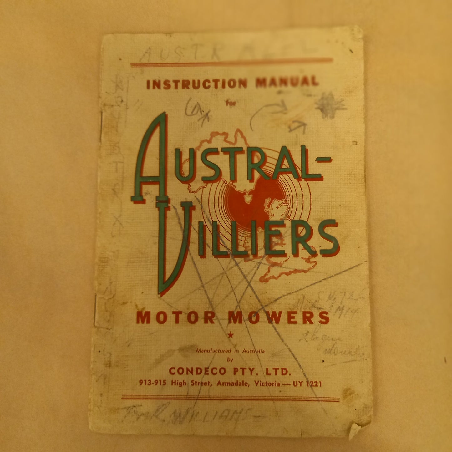 Instruction Manual for Austral-Villiers Motor Mowers – Condeco Pty Ltd, 1930s-Vintage Instruction Manual-Tilbrook and Co