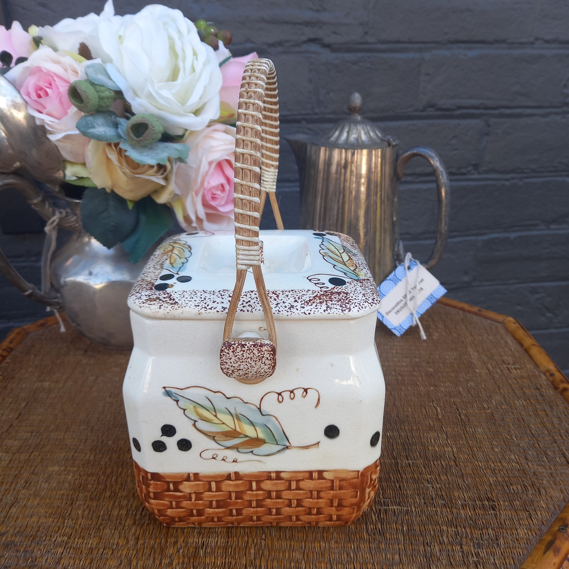Japanese Autumn Design Biscuit Barrel with Woven Handle-Vintage Homewares-Tilbrook and Co