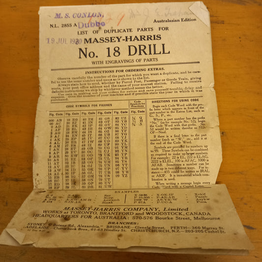 List of Duplicate Parts for Massey-Harris No. 18 Drill-Ephemera-Tilbrook and Co