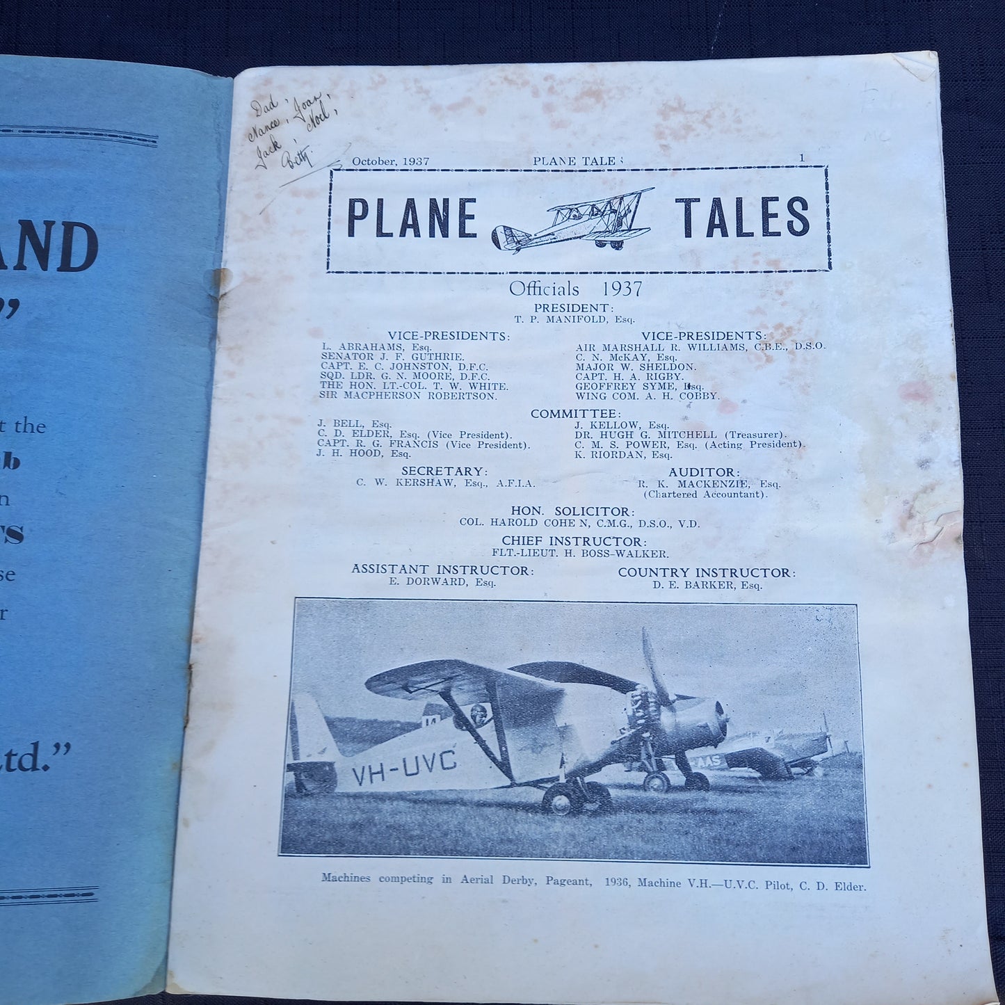 Plane Tales Club Magazine – Souvenir Programme (Royal Victorian Aero Club, October 1937)-Ephemera - Vintage aviation ephemera / Souvenir programme-Tilbrook and Co