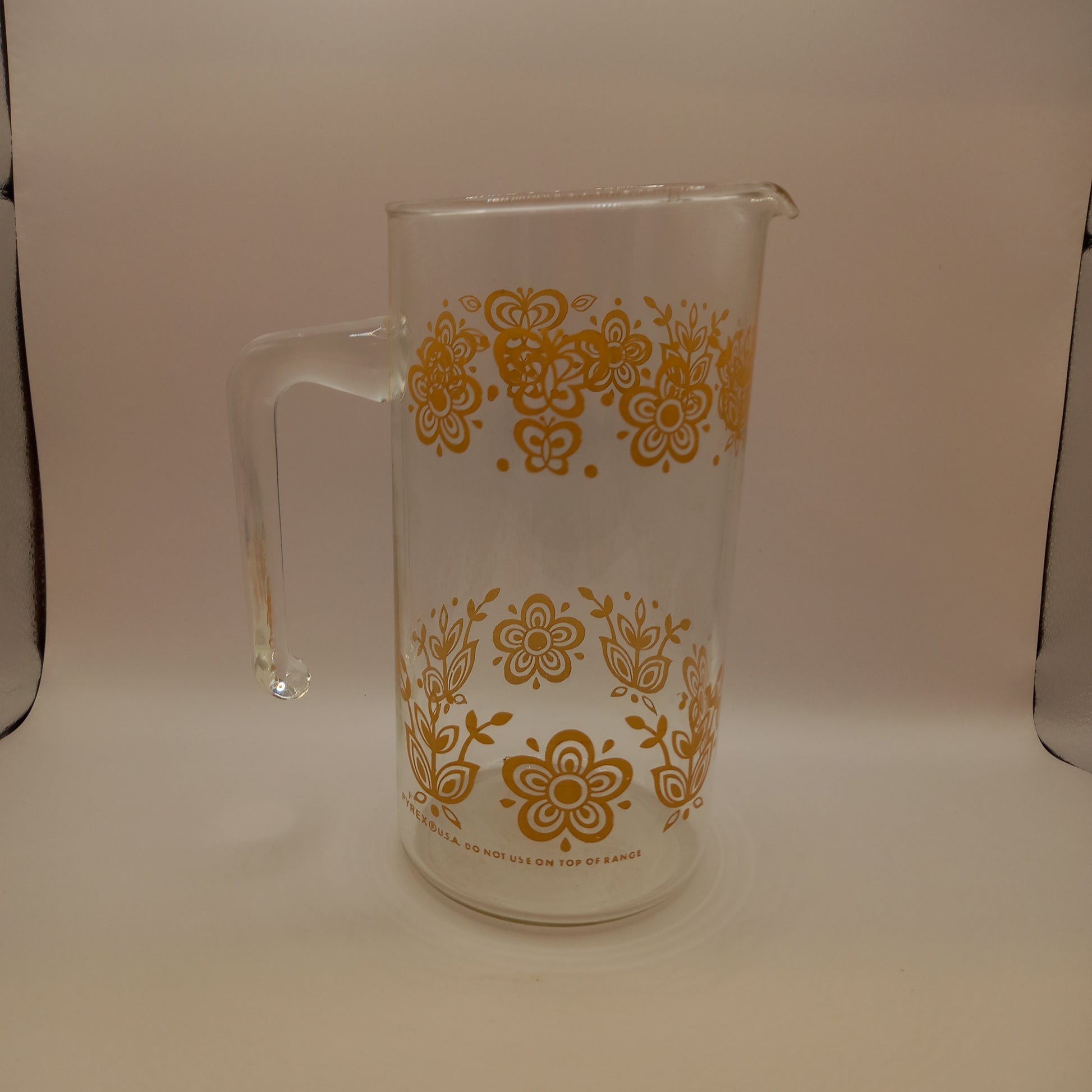 Retro Pyrex Butterfly and Daisy Gold Pattern Glass Jug/Pitcher-Kitchenalia-Tilbrook and Co