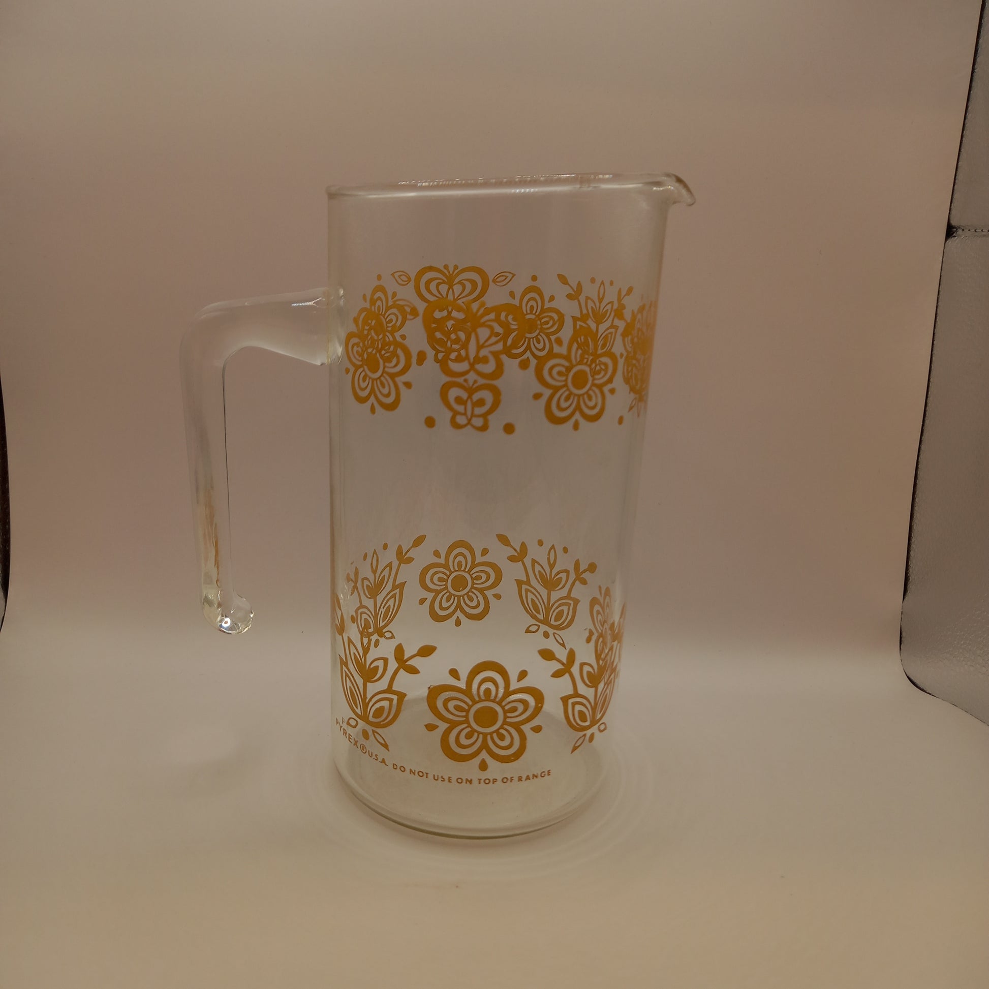 Retro Pyrex Butterfly and Daisy Gold Pattern Glass Jug/Pitcher-Kitchenalia-Tilbrook and Co