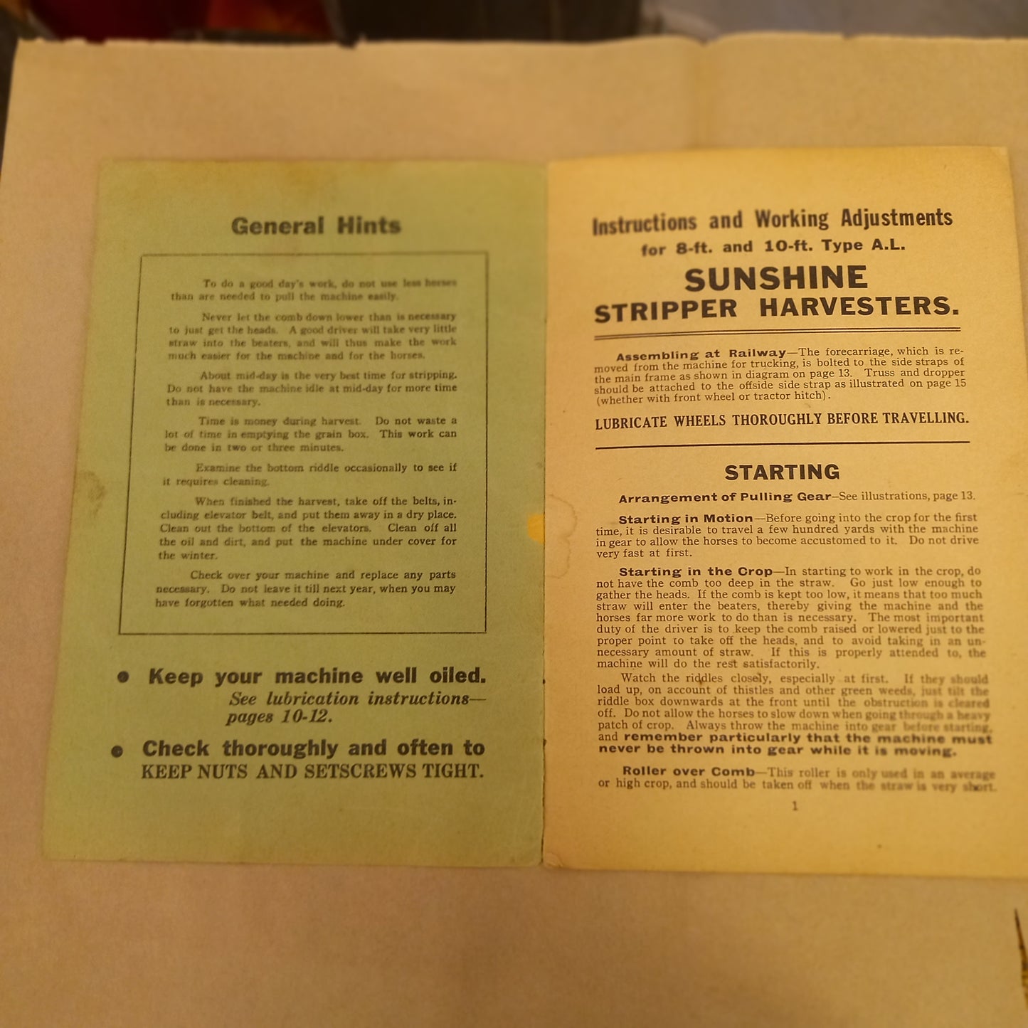 Sunshine A.L Type Stripper Harvester Manual – 8ft & 10ft (c.1930s)-Vintage Machinery Manual-Tilbrook and Co