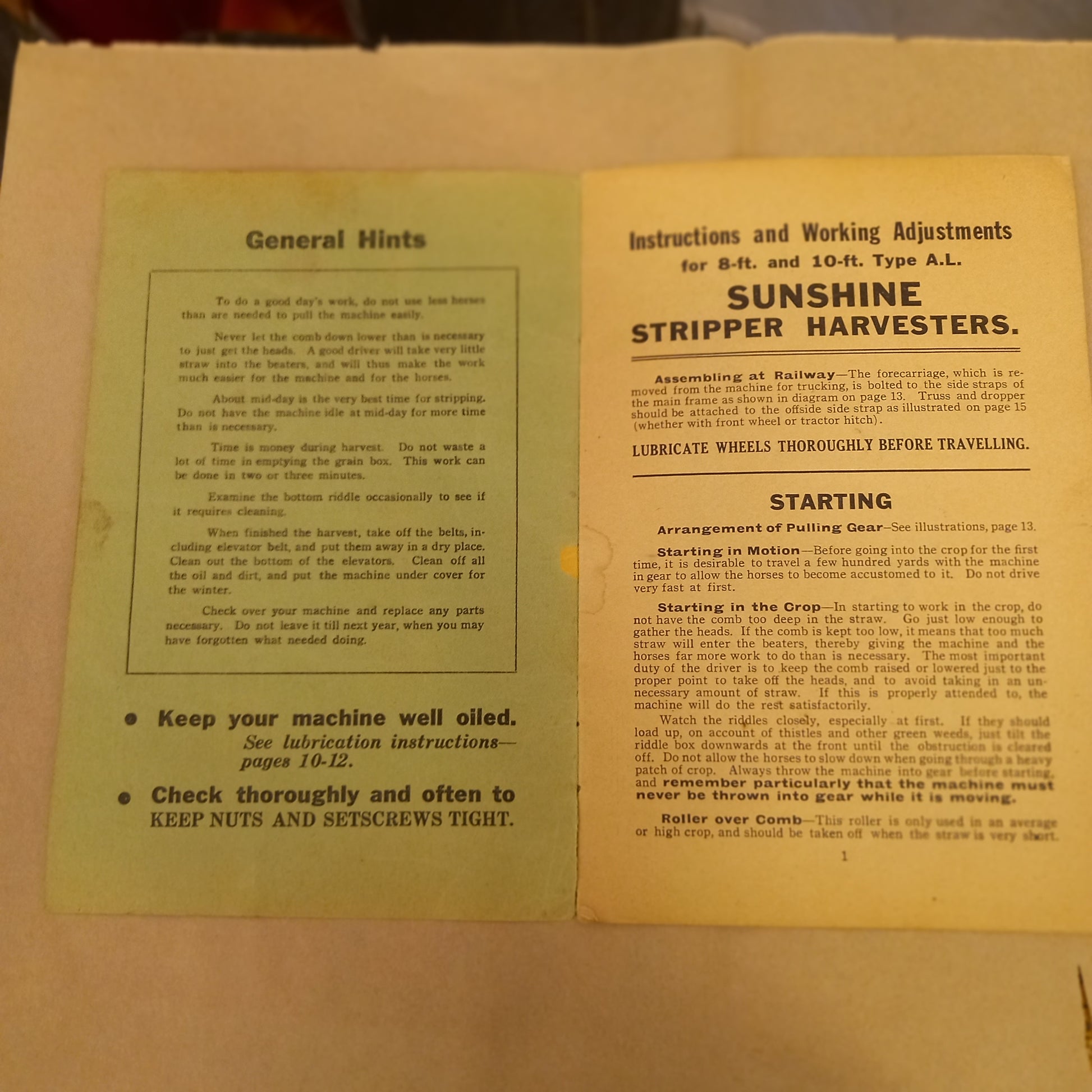 Sunshine A.L Type Stripper Harvester Manual – 8ft & 10ft (c.1930s)-Vintage Machinery Manual-Tilbrook and Co