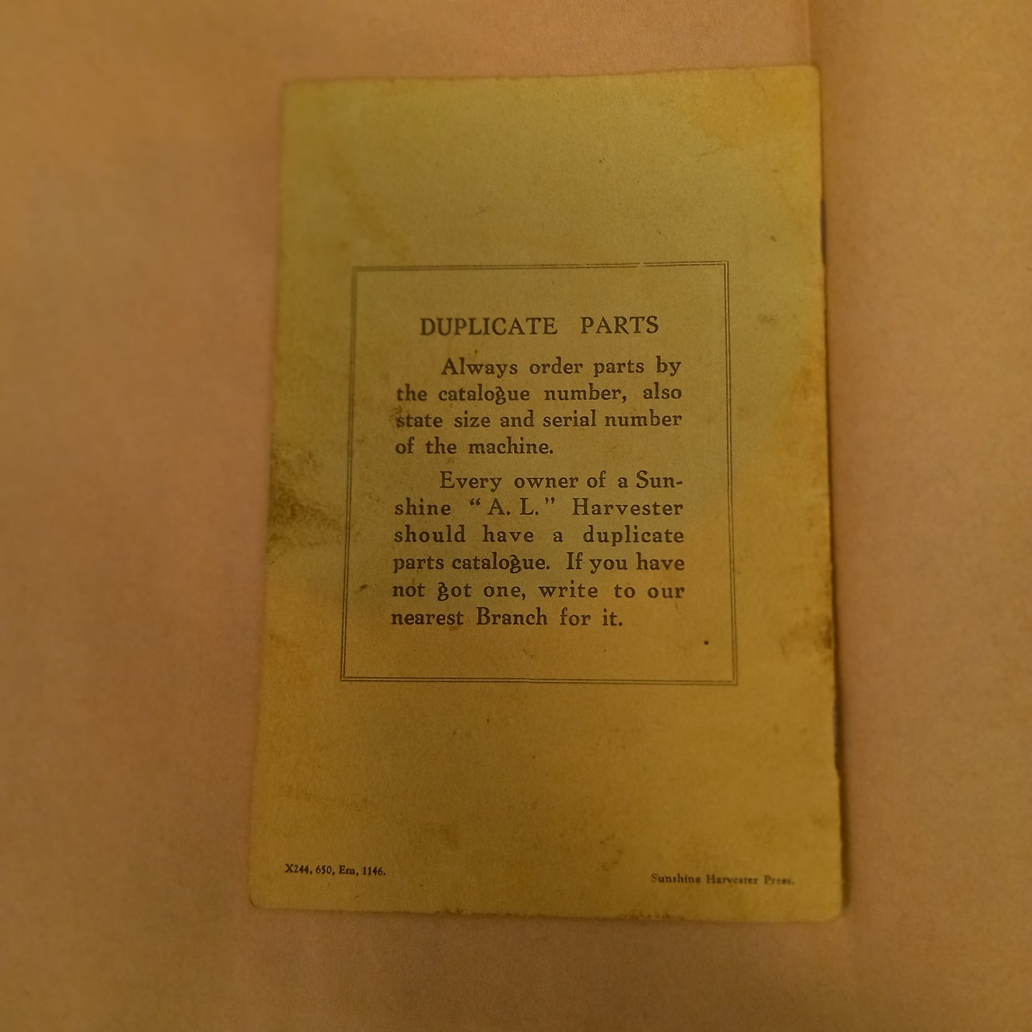 Sunshine A.L Type Stripper Harvester Manual – 8ft & 10ft (c.1930s)-Vintage Machinery Manual-Tilbrook and Co