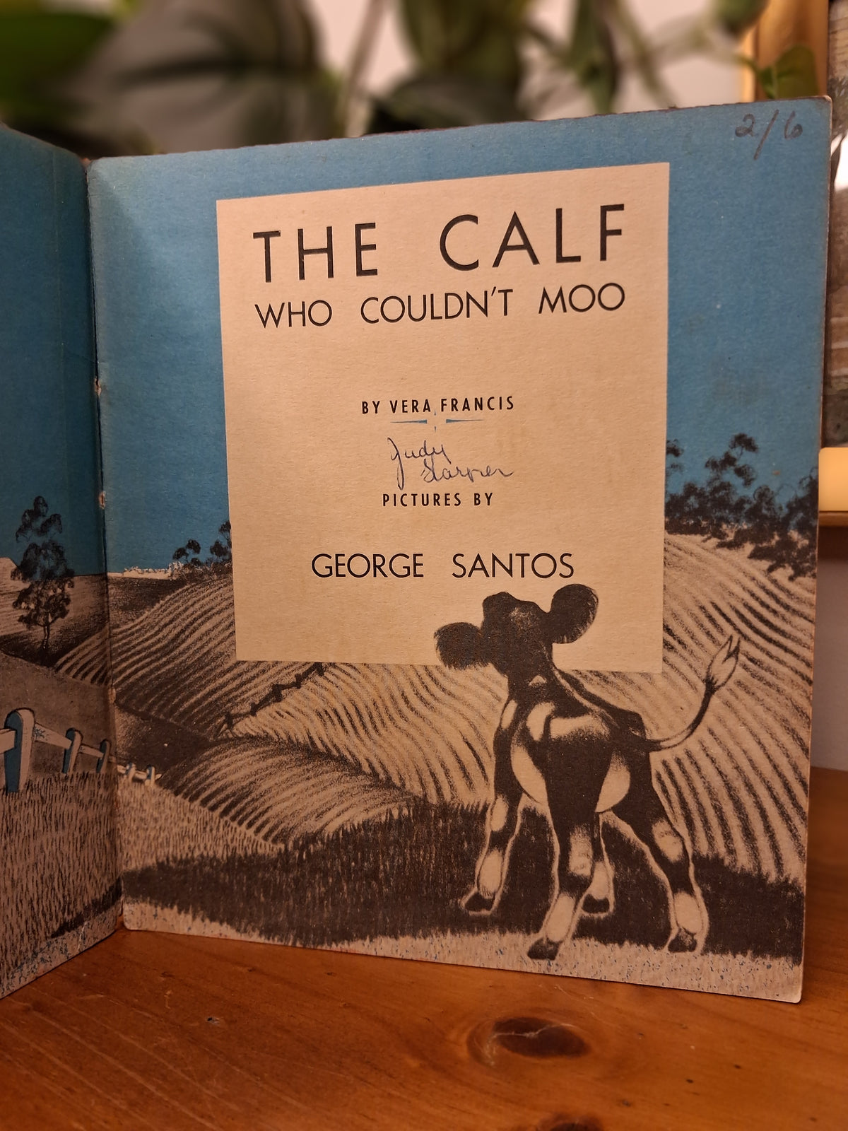 Inside cover The Calf Who Couldn't Moo by Vera Francis, illustrated by George Santos, 1950 Colorgravure Publications Little Wonder Book hardcover children's book.