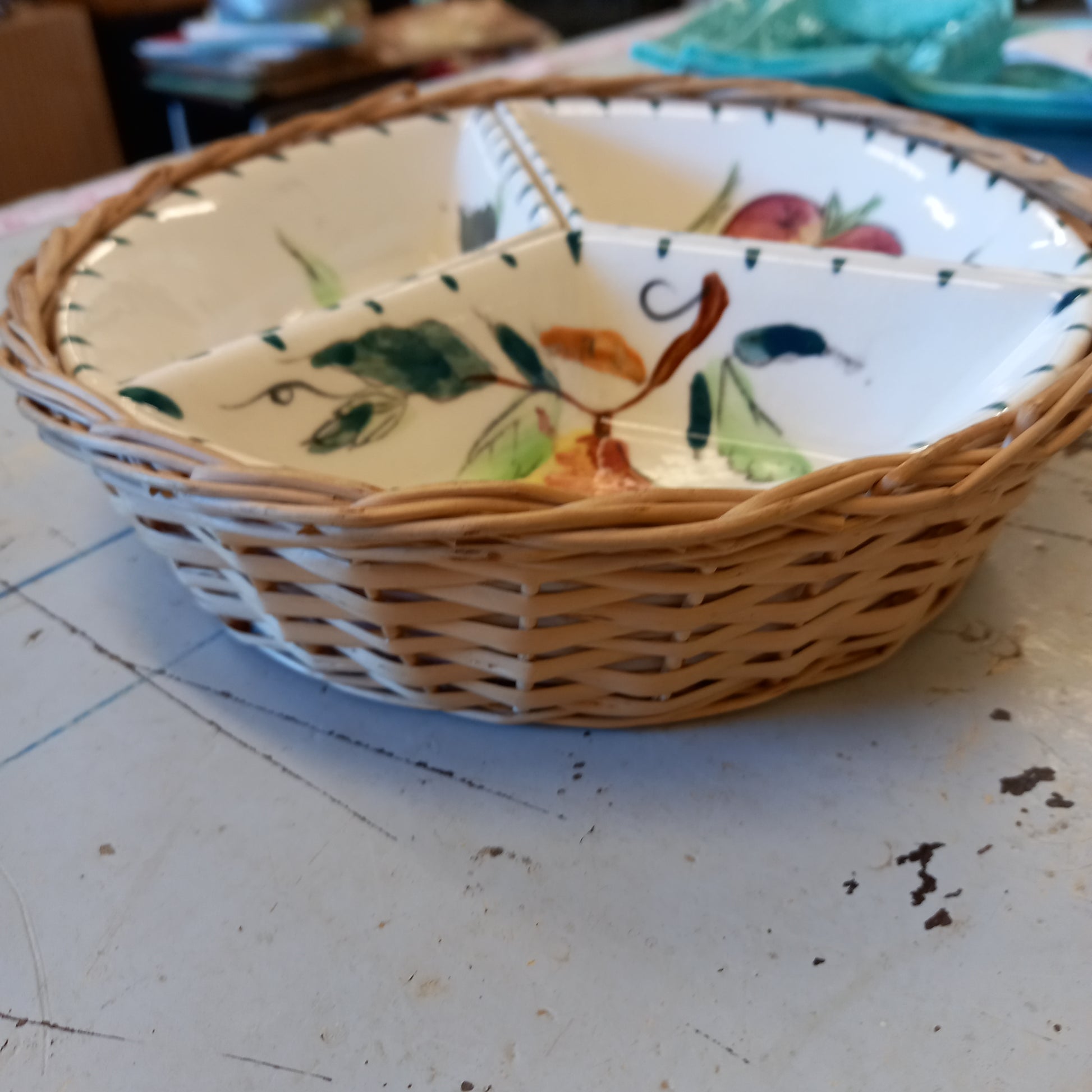 Vintage 3 Part Divided Dish Floral Ceramic Relish Tray with Wicker Basket-Decor-Tilbrook and Co