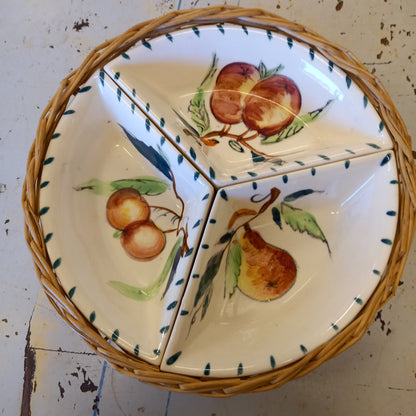 Vintage 3 Part Divided Dish Floral Ceramic Relish Tray with Wicker Basket-Decor-Tilbrook and Co