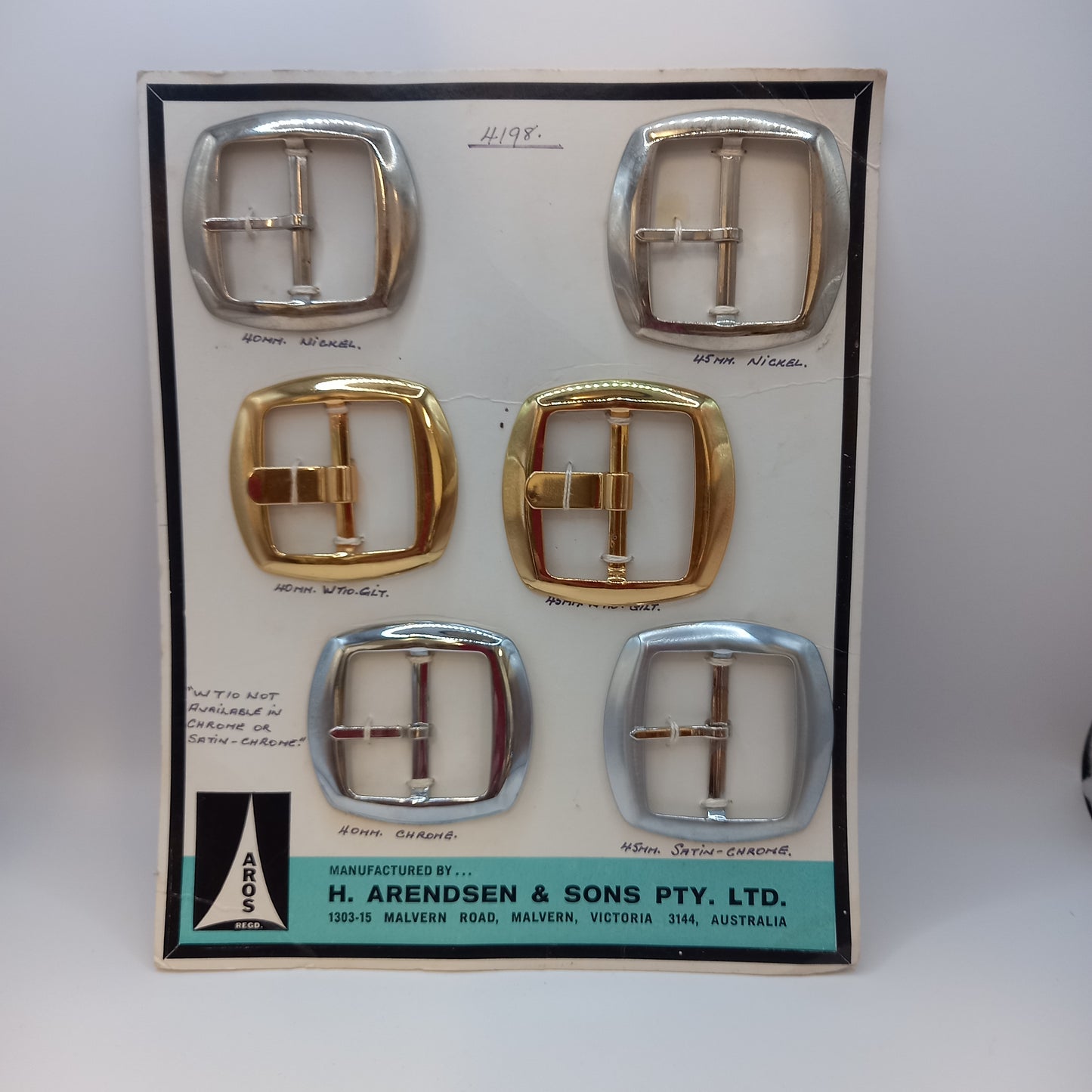 Vintage AROS Late 1960s Travelling Salesman's Buckle Sample Card 4198 of 6 Buckles-Clothing Accessories-Tilbrook and Co