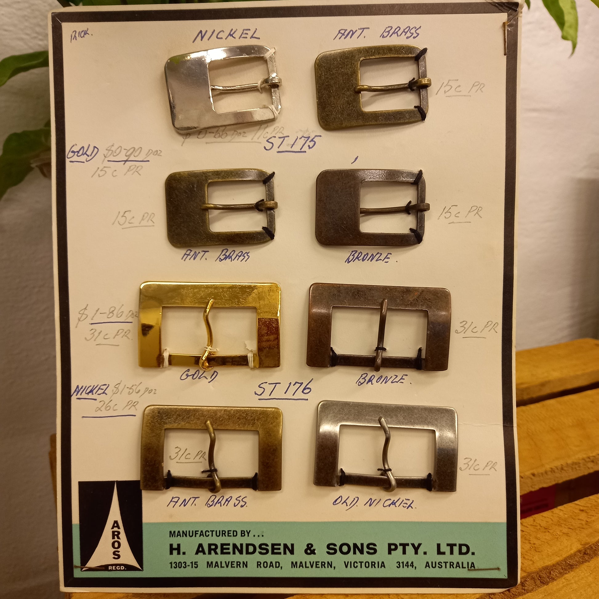 Vintage AROS Late 1960s Travelling Salesman's Buckle Sample Card ST175 set of 4 Buckles and ST176 set of 4 Buckles-Clothing Accessories-Tilbrook and Co