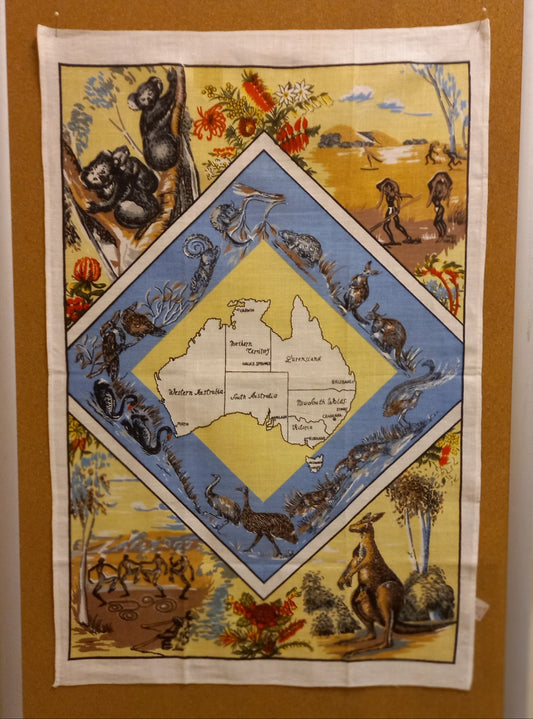 Vintage Australian Map Souvenir Tea Towel – Flora, Fauna & Aboriginal Motifs-Vintage Souvenir Linen Tea Towel-Tilbrook and Co