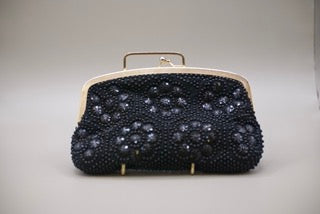 Vintage Black Beaded Flower Design Evening Bag with Gold Clasp-Clothing Accessories-Tilbrook and Co