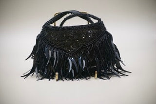 Vintage Black Beaded Fringed Clutch with zip-Clothing Accessories-Tilbrook and Co