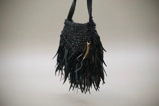 Vintage Black Beaded Fringed Clutch with zip-Clothing Accessories-Tilbrook and Co