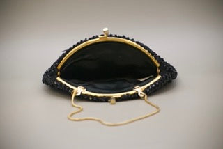 Vintage Black Beaded Evening Bag with Spiral Flower Design & Gold Clasp (Made in Hong Kong)-Vintage Handbag-Tilbrook and Co