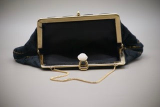 Vintage Black Pleated Evening Bag with Gold Accents with Gold Clasp with faux stone-Clothing Accessories-Tilbrook and Co