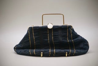 Vintage Black Pleated Evening Bag with Gold Accents with Gold Clasp with faux stone-Clothing Accessories-Tilbrook and Co