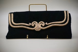 Vintage Black Velvet Evening Clutch with Gold Embelishment-Clothing Accessories-Tilbrook and Co