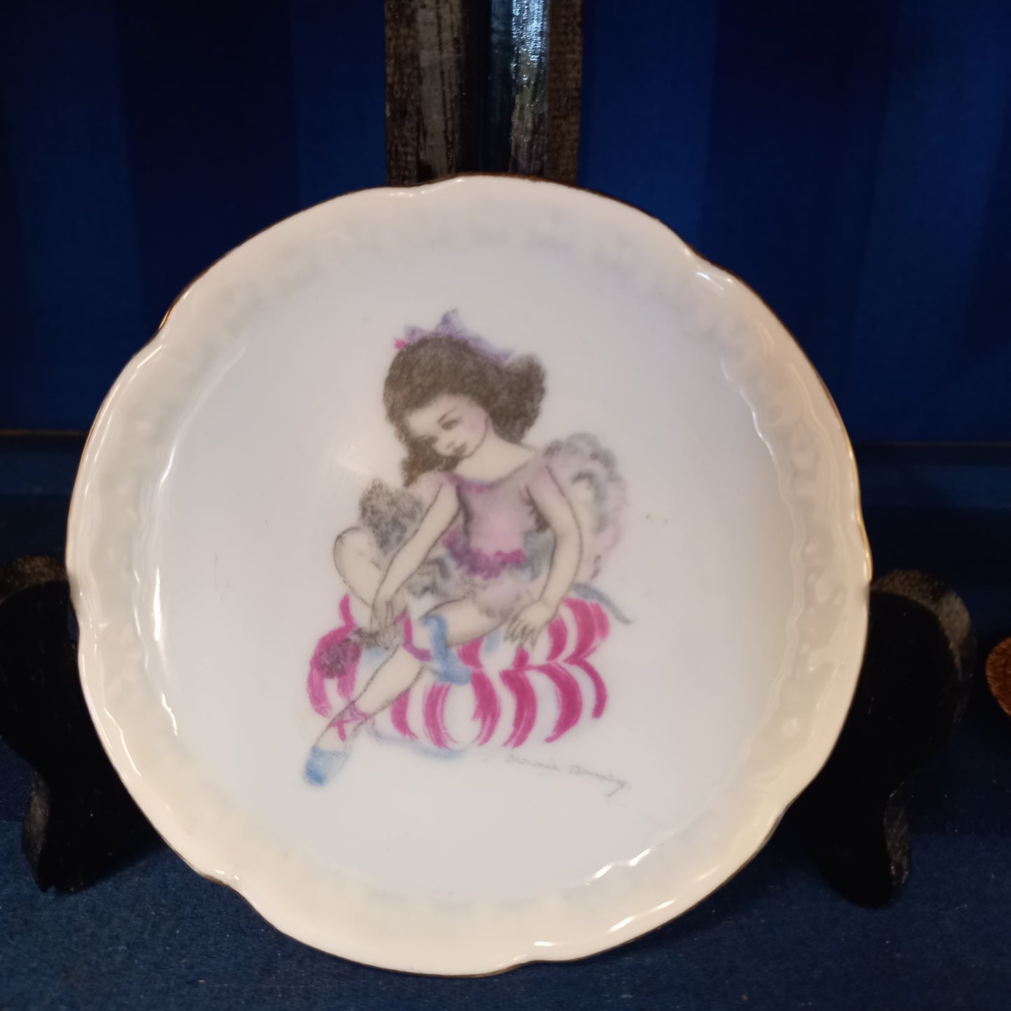 Vintage Brownie Downing Small Pink Plate with Ballerina on striped cushion-Decor-Tilbrook and Co