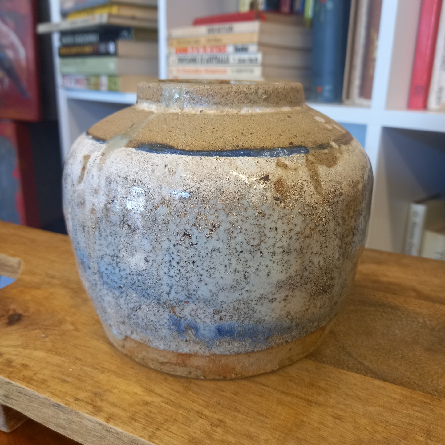 Vintage Cream Ginger Jar with blue tones no lid-Decor-Tilbrook and Co